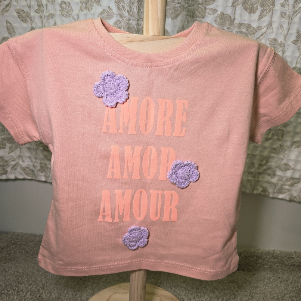 Zara Pink Graphic Tee with Lavender Crochet Flowers